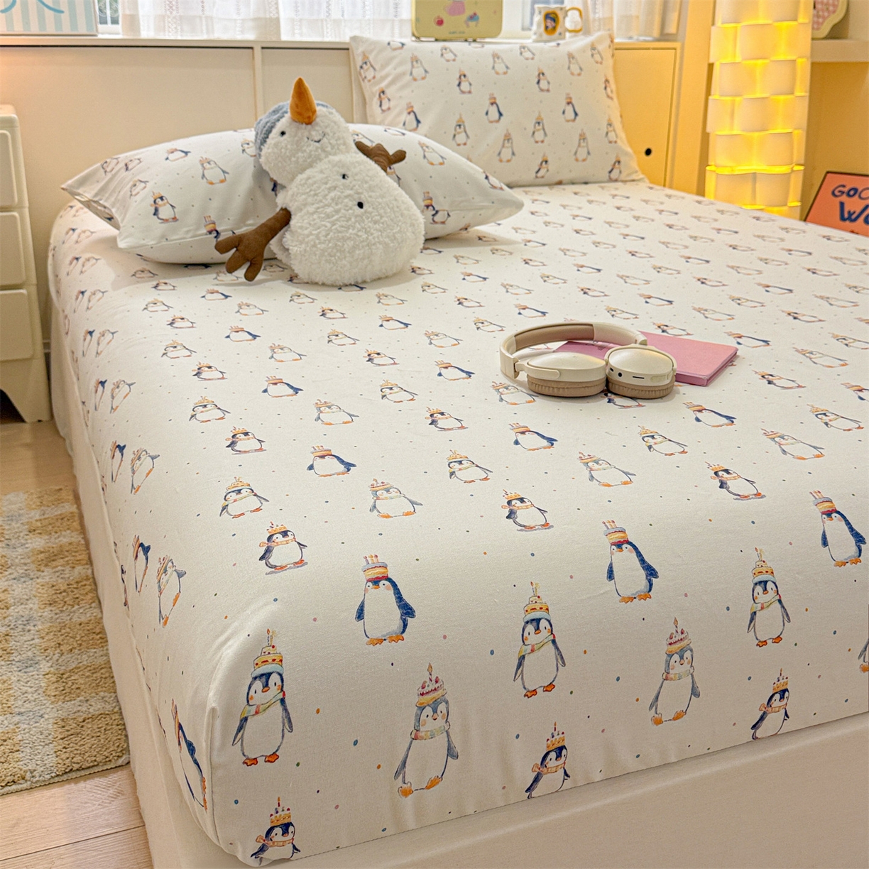 91家纺网 家纺一手货源 找家纺 名兮家居 2026春夏新款A类全棉纯棉老粗布床笠 床笠单件 帽帽企鹅