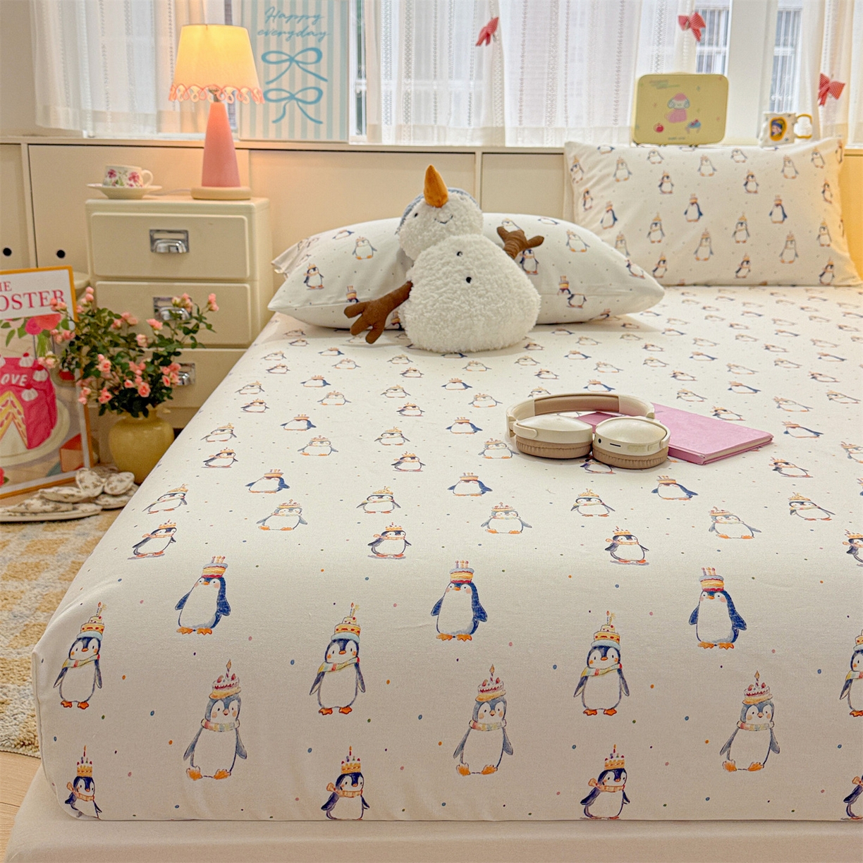 91家纺网 家纺一手货源 找家纺 名兮家居 2026春夏新款A类全棉纯棉老粗布床笠 床笠单件 帽帽企鹅