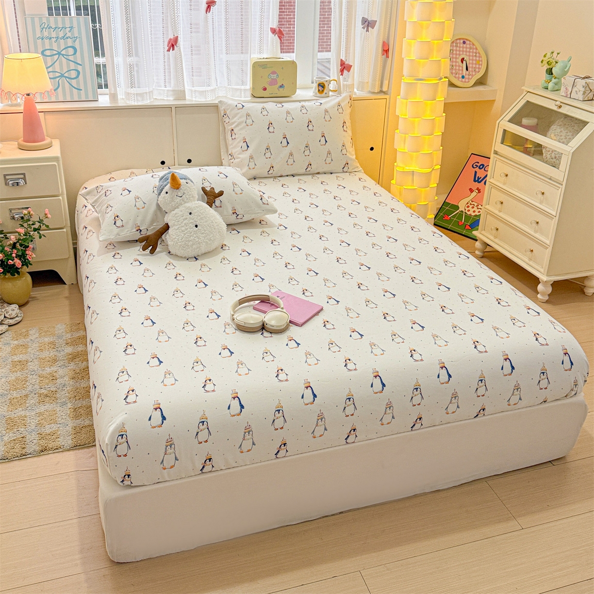 91家纺网 家纺一手货源 找家纺 名兮家居 2026春夏新款A类全棉纯棉老粗布床笠 床笠单件 帽帽企鹅