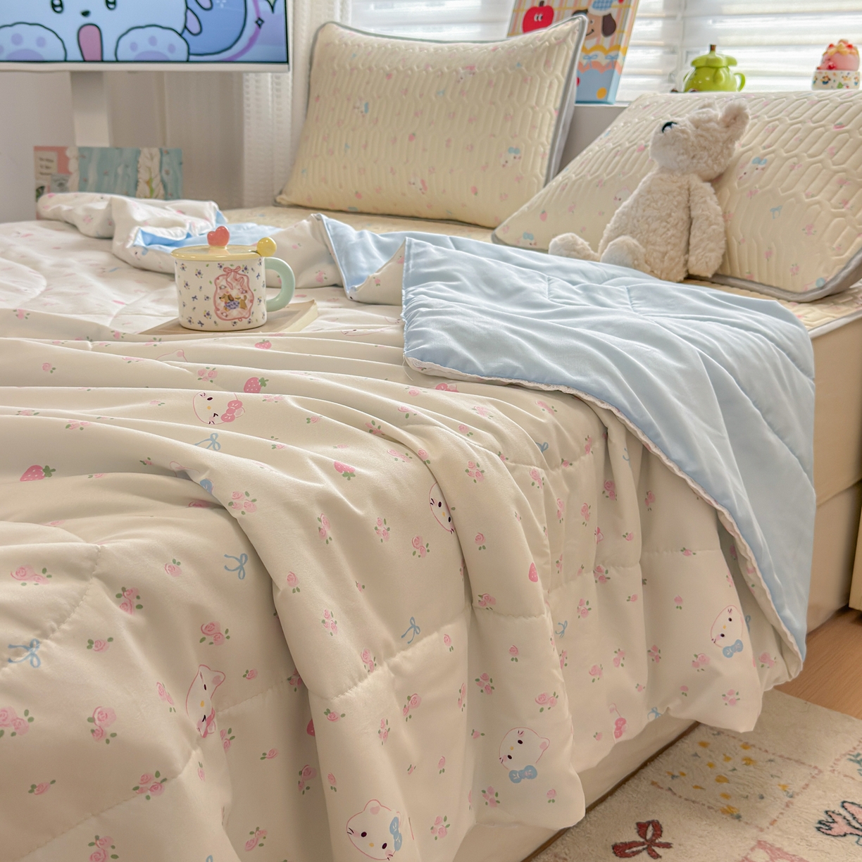 91家纺网 家纺一手货源 找家纺 慕尚家纺 2026新款乳胶凉席夏被空调被夏凉被套装组合 可爱kt