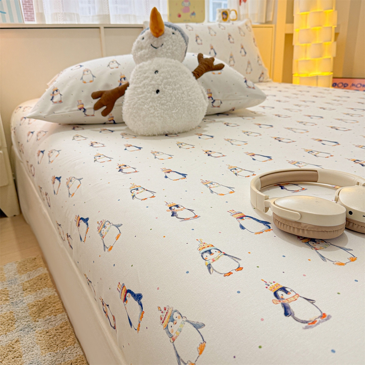 91家纺网 家纺一手货源 找家纺 名兮家居 2026春夏新款A类全棉纯棉老粗布床笠 床笠单件 帽帽企鹅