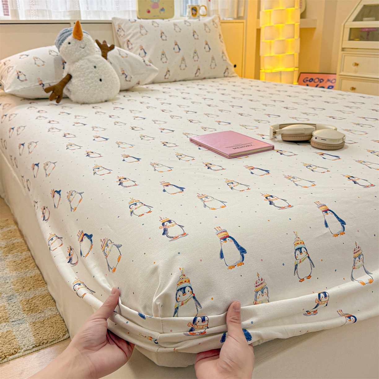 91家纺网 家纺一手货源 找家纺 名兮家居 2026春夏新款A类全棉纯棉老粗布床笠 床笠单件 帽帽企鹅