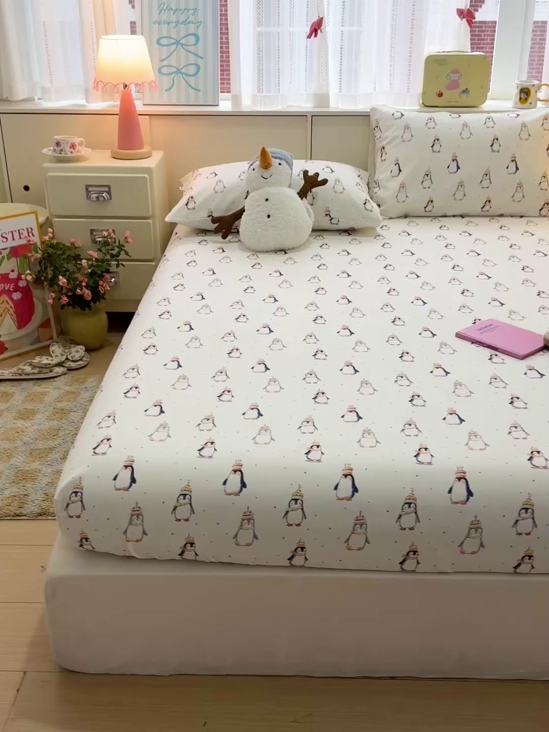 91家纺网 家纺一手货源 找家纺 名兮家居 2026春夏新款A类全棉纯棉老粗布床笠 床笠单件 帽帽企鹅
