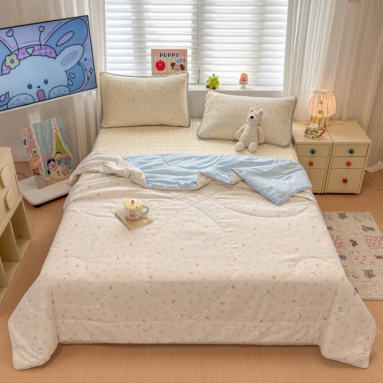 91家纺网 家纺一手货源 找家纺 慕尚家纺 2026新款乳胶凉席夏被空调被夏凉被套装组合 可爱kt