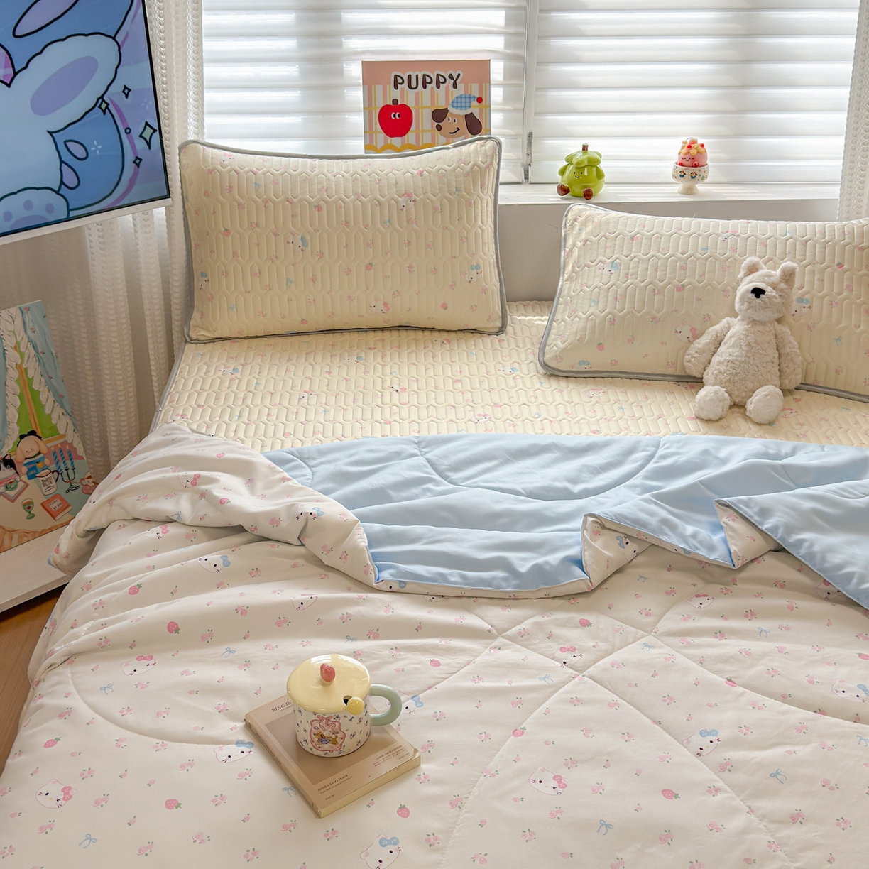 91家纺网 家纺一手货源 找家纺 慕尚家纺 2026新款乳胶凉席夏被空调被夏凉被套装组合 可爱kt