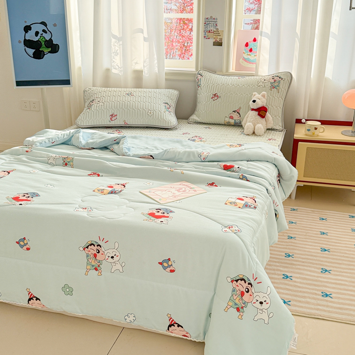 91家纺网 家纺一手货源 找家纺 慕尚家纺 2026新款乳胶凉席夏被空调被夏凉被套装组合 蜡笔小新