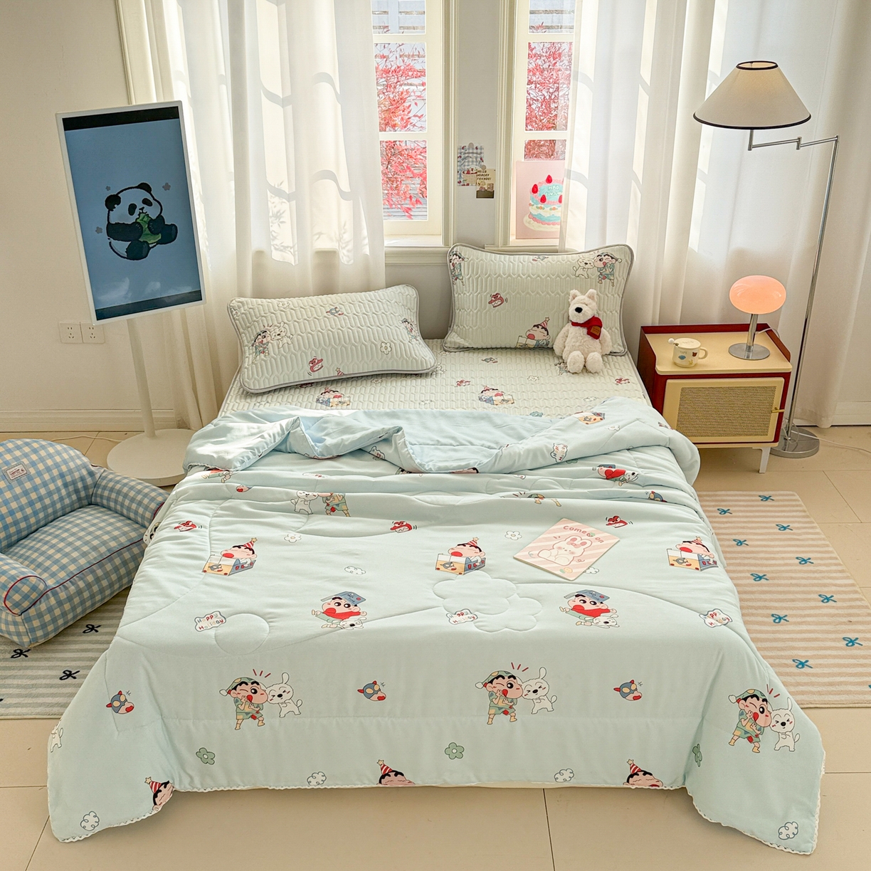 91家纺网 家纺一手货源 找家纺 慕尚家纺 2026新款乳胶凉席夏被空调被夏凉被套装组合 蜡笔小新