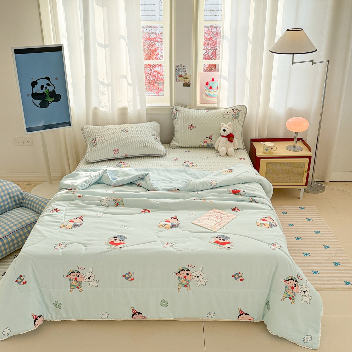 91家纺网 家纺一手货源 找家纺 慕尚家纺 2026新款乳胶凉席夏被空调被夏凉被套装组合 蜡笔小新