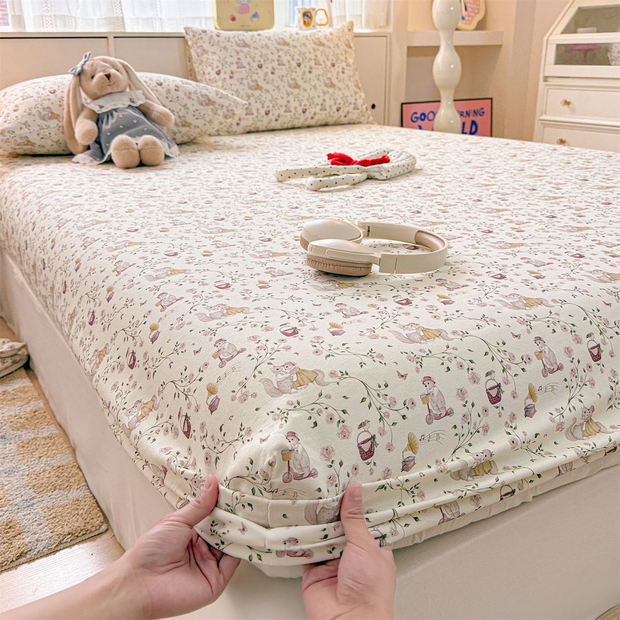 91家纺网 家纺一手货源 找家纺 名兮家居 2026春夏新款A类全棉纯棉老粗布床笠 床笠单件 森林舞会