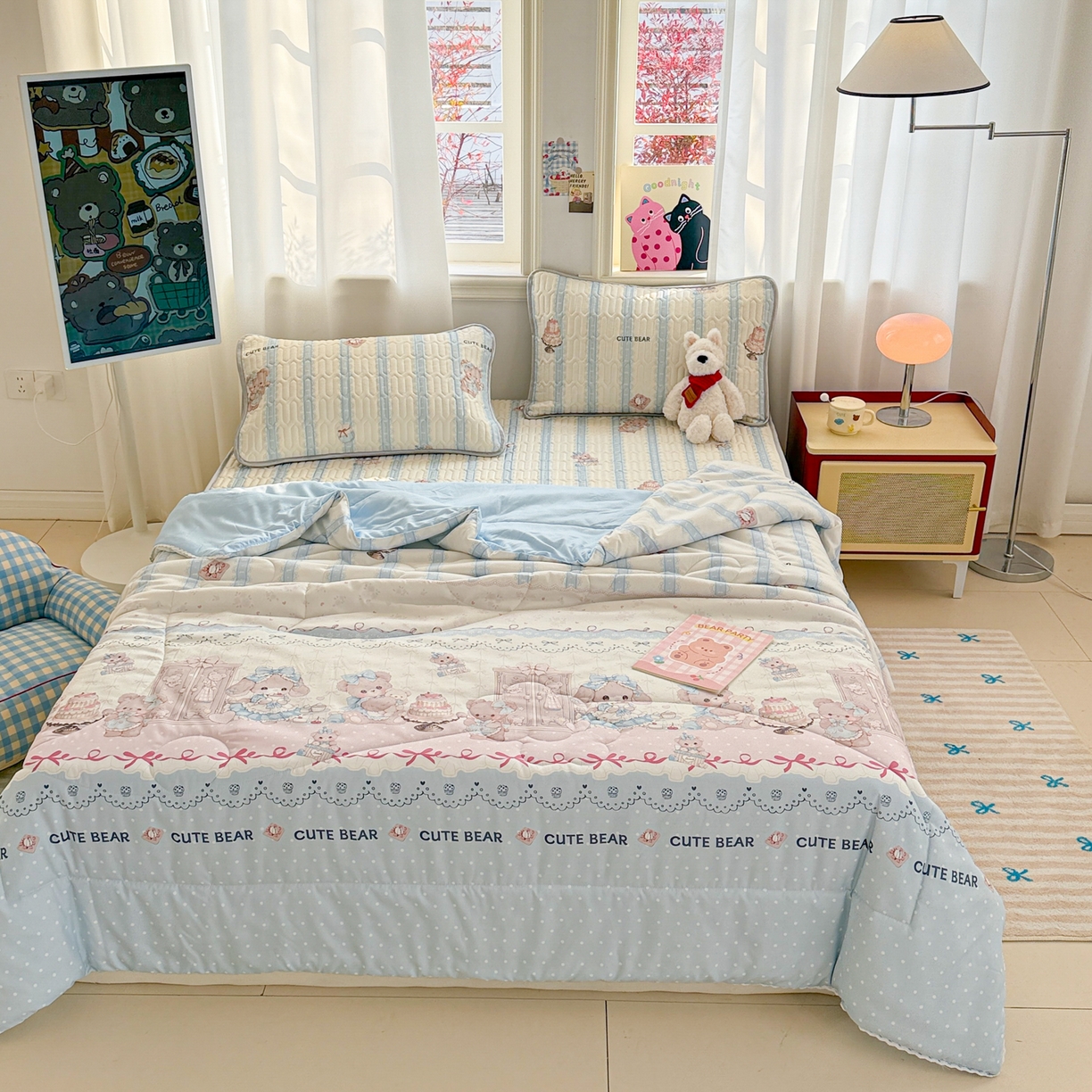 91家纺网 家纺一手货源 找家纺 慕尚家纺 2026新款乳胶凉席夏被空调被夏凉被套装组合 洛丽塔小熊