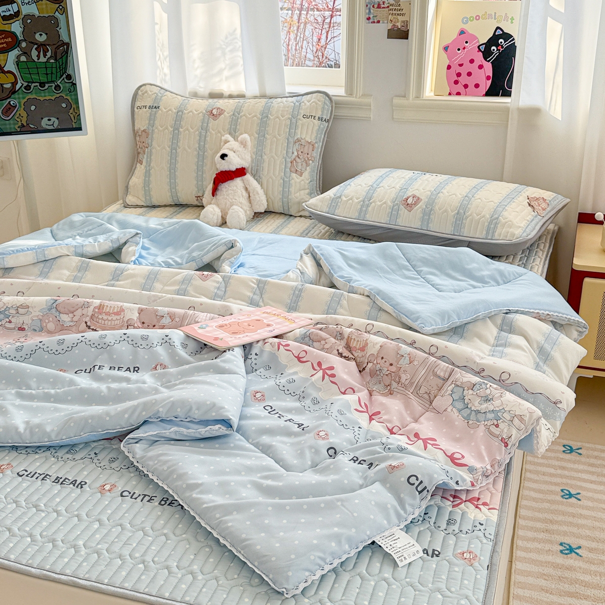 91家纺网 家纺一手货源 找家纺 慕尚家纺 2026新款乳胶凉席夏被空调被夏凉被套装组合 洛丽塔小熊