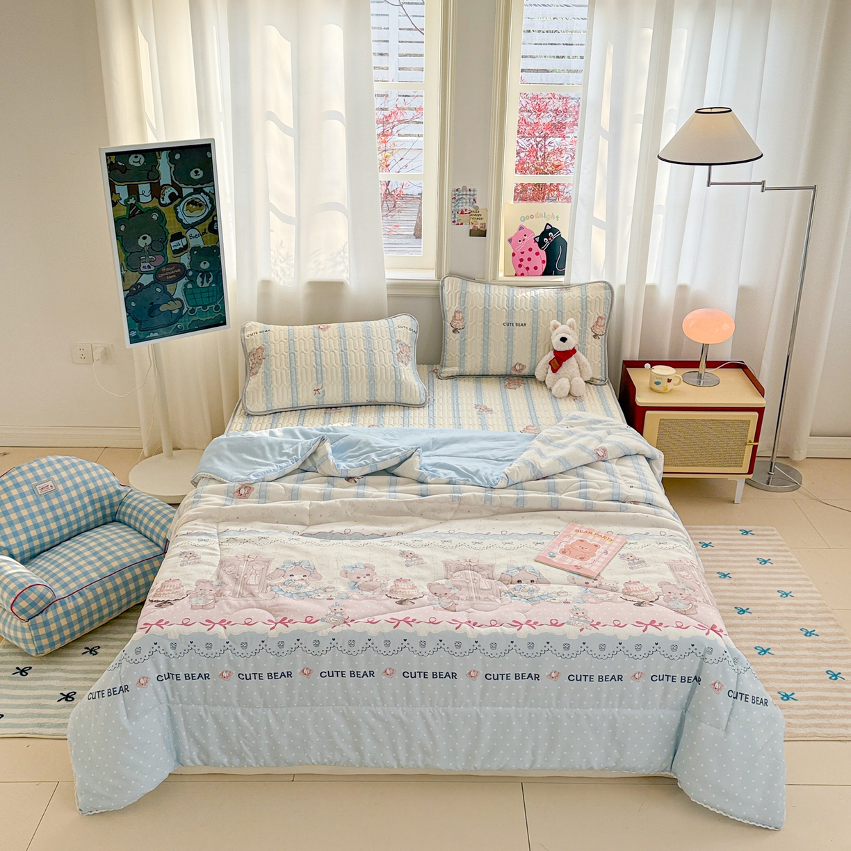 91家纺网 家纺一手货源 找家纺 慕尚家纺 2026新款乳胶凉席夏被空调被夏凉被套装组合 洛丽塔小熊