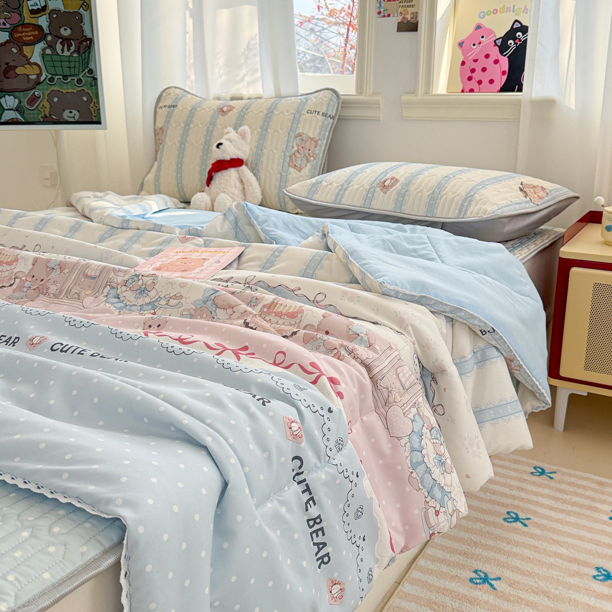 91家纺网 家纺一手货源 找家纺 慕尚家纺 2026新款乳胶凉席夏被空调被夏凉被套装组合 洛丽塔小熊