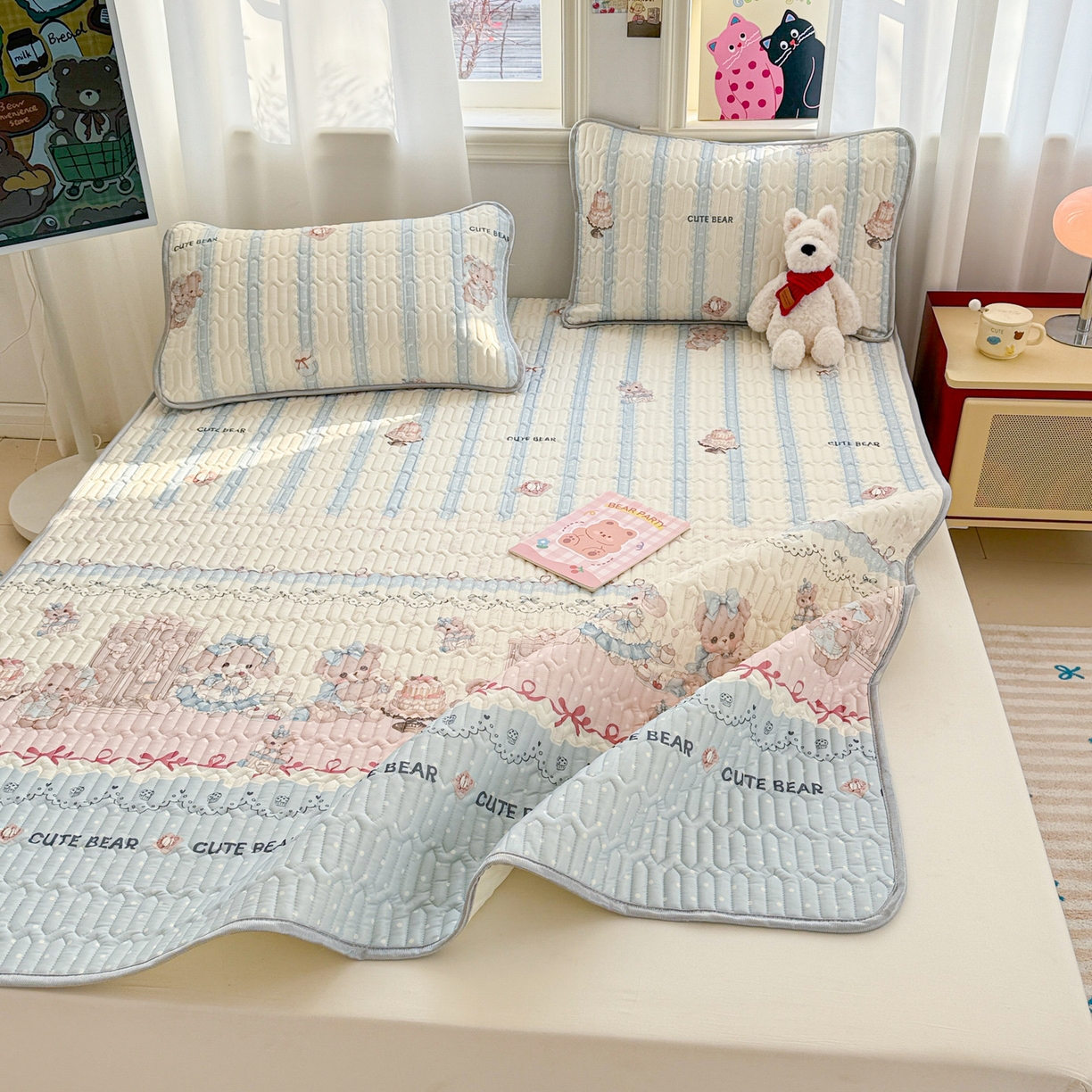 91家纺网 家纺一手货源 找家纺 慕尚家纺 2026新款乳胶凉席夏被空调被夏凉被套装组合 洛丽塔小熊