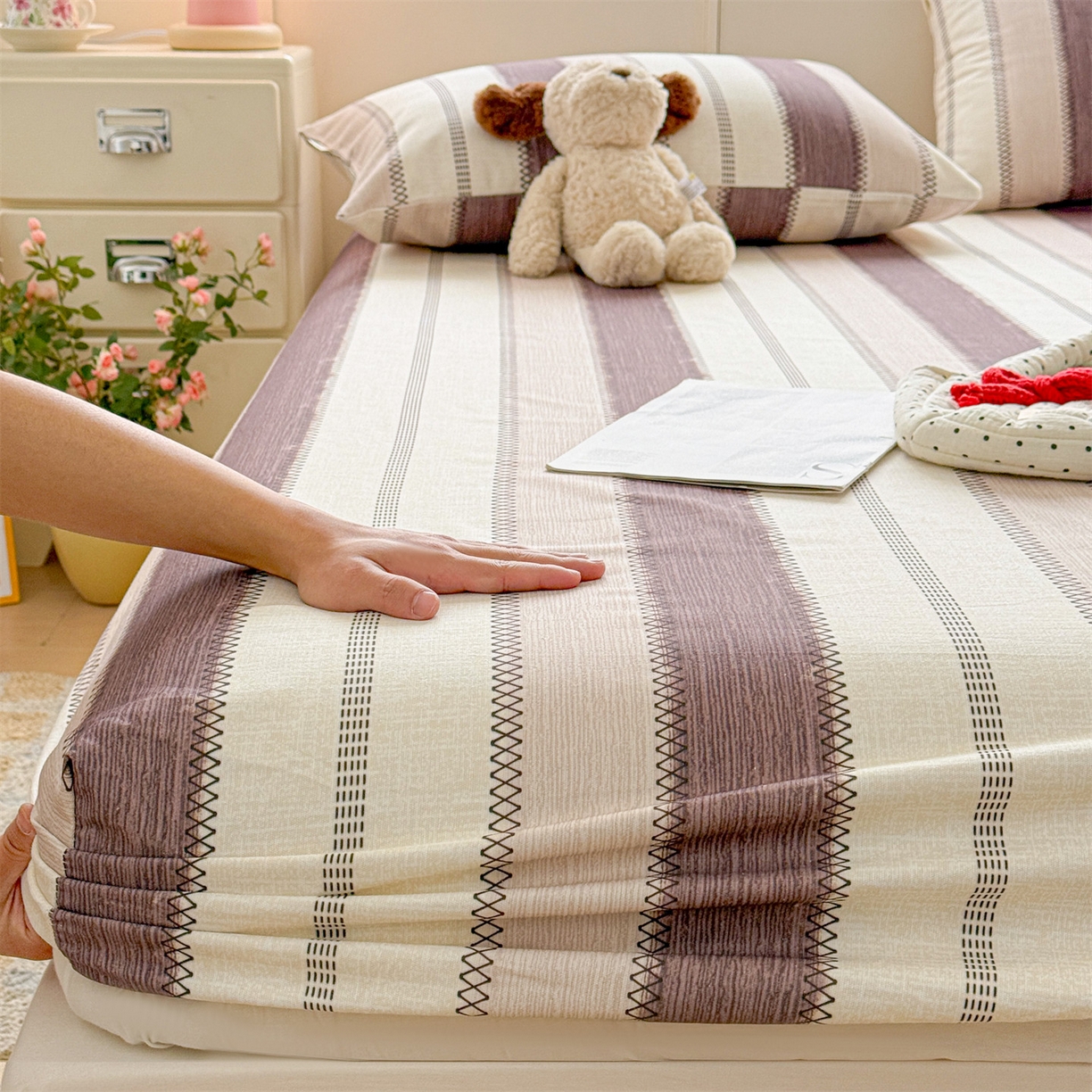 名兮家居 2026春夏新款A类全棉纯棉老粗布床笠 床笠单件 竖条咖