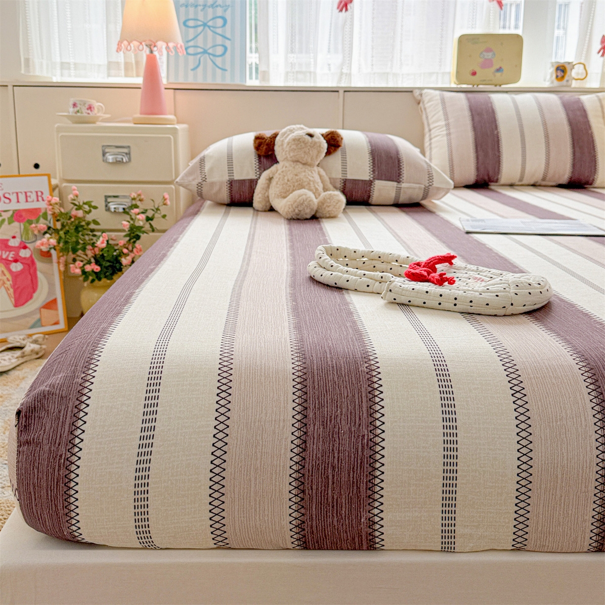 91家纺网 家纺一手货源 找家纺 名兮家居 2026春夏新款A类全棉纯棉老粗布床笠 床笠单件 竖条咖