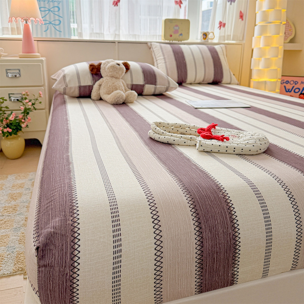 91家纺网 家纺一手货源 找家纺 名兮家居 2026春夏新款A类全棉纯棉老粗布床笠 床笠单件 竖条咖