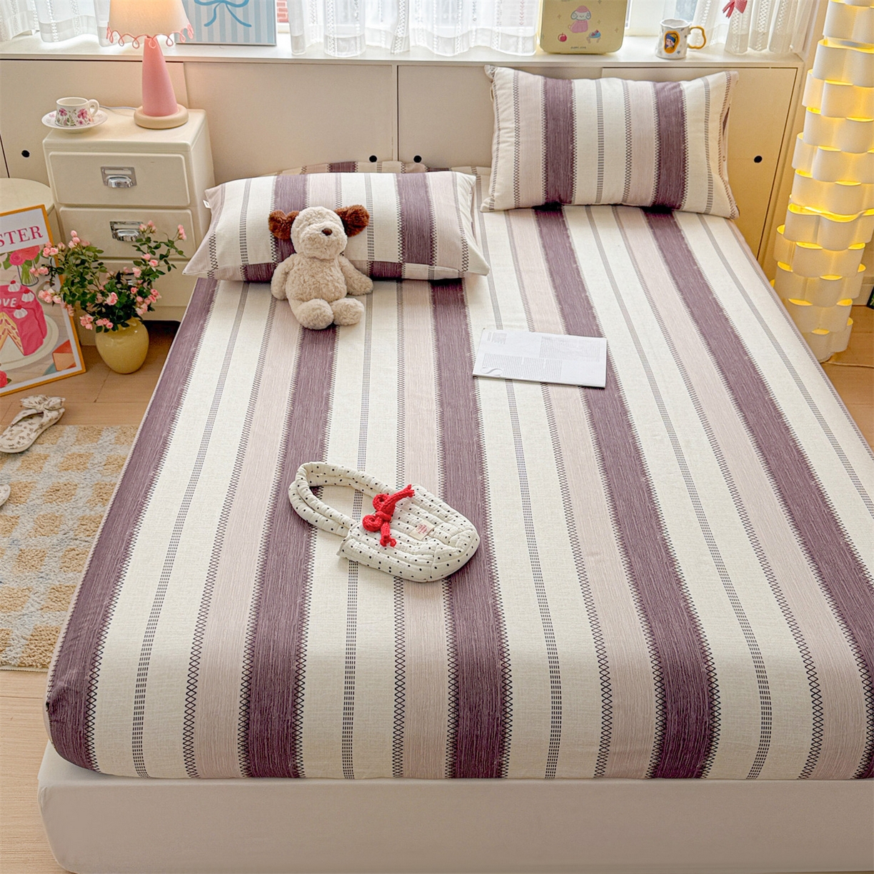 91家纺网 家纺一手货源 找家纺 名兮家居 2026春夏新款A类全棉纯棉老粗布床笠 床笠单件 竖条咖