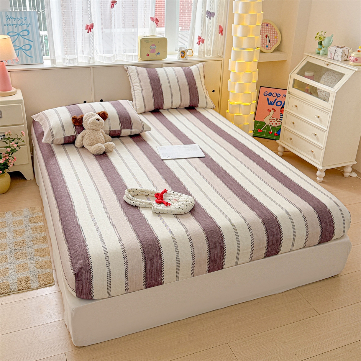 91家纺网 家纺一手货源 找家纺 名兮家居 2026春夏新款A类全棉纯棉老粗布床笠 床笠单件 竖条咖