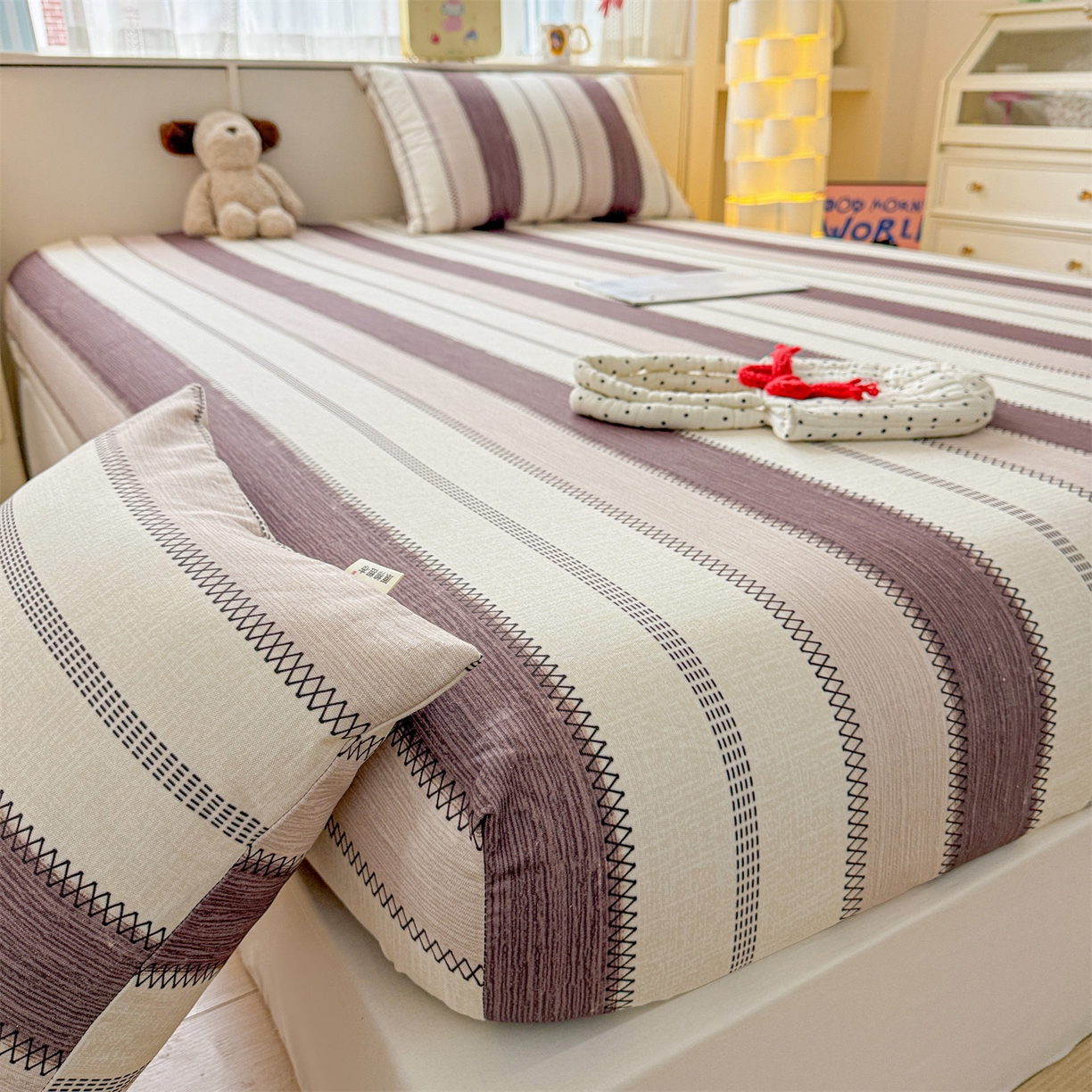 91家纺网 家纺一手货源 找家纺 名兮家居 2026春夏新款A类全棉纯棉老粗布床笠 床笠单件 竖条咖