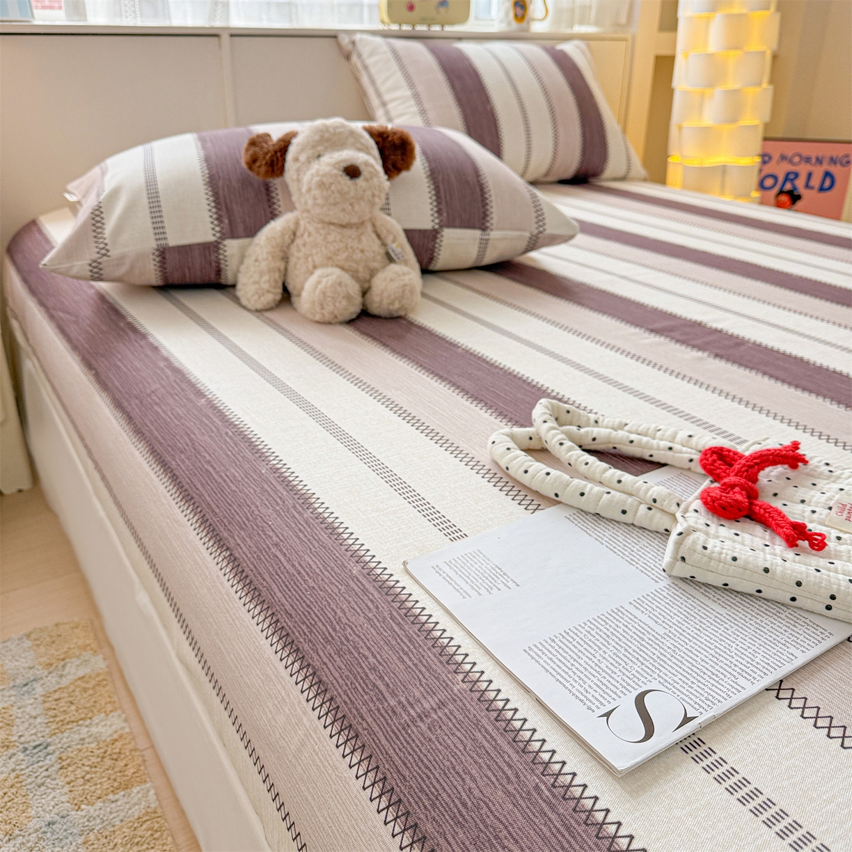 91家纺网 家纺一手货源 找家纺 名兮家居 2026春夏新款A类全棉纯棉老粗布床笠 床笠单件 竖条咖