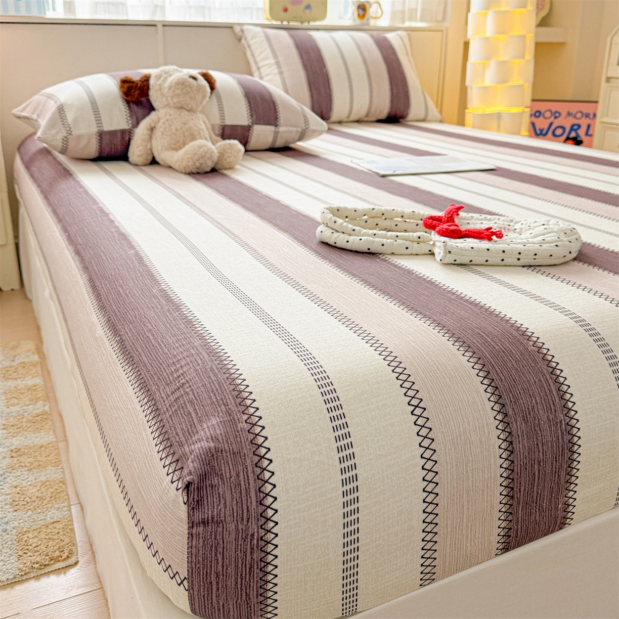 91家纺网 家纺一手货源 找家纺 名兮家居 2026春夏新款A类全棉纯棉老粗布床笠 床笠单件 竖条咖