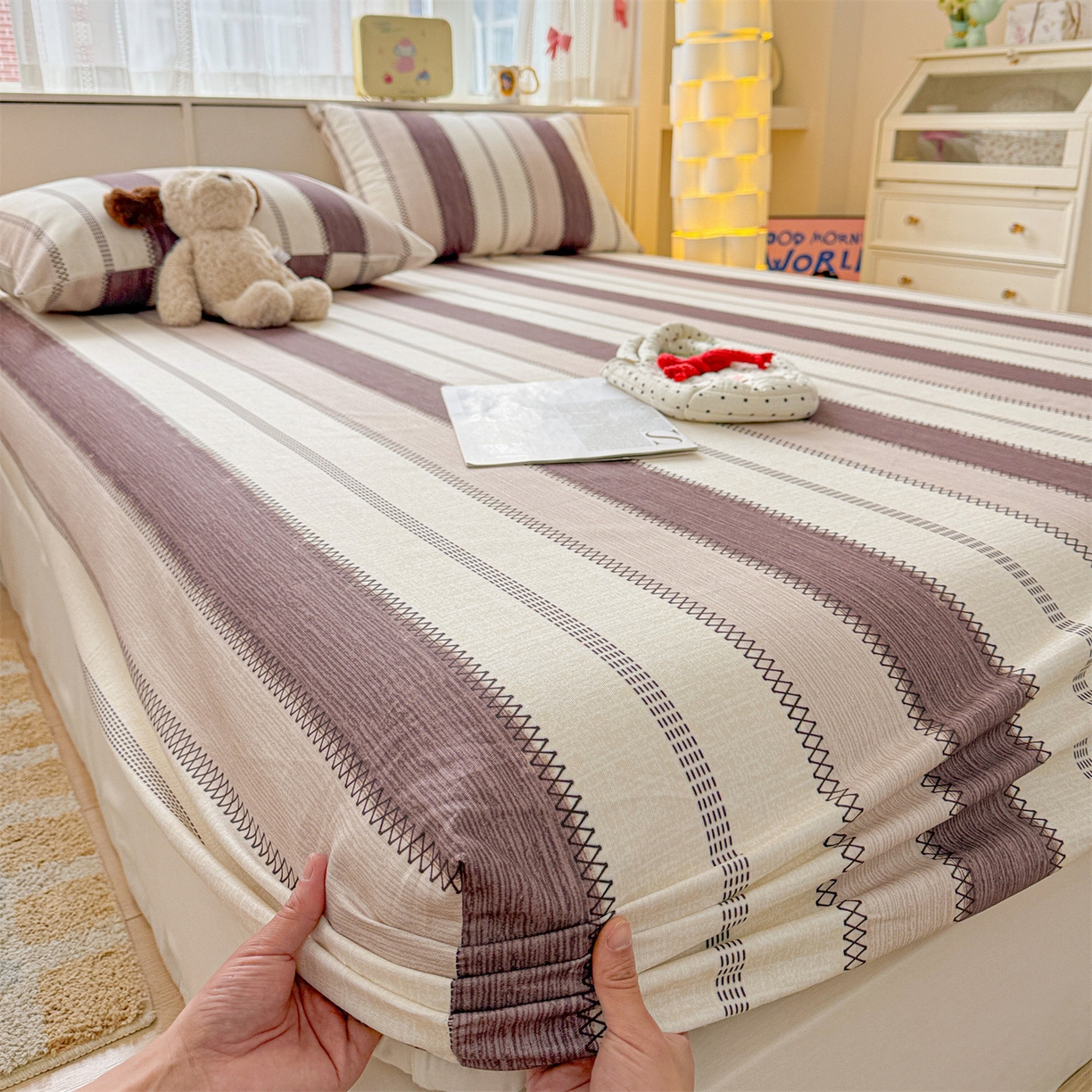 91家纺网 家纺一手货源 找家纺 名兮家居 2026春夏新款A类全棉纯棉老粗布床笠 床笠单件 竖条咖