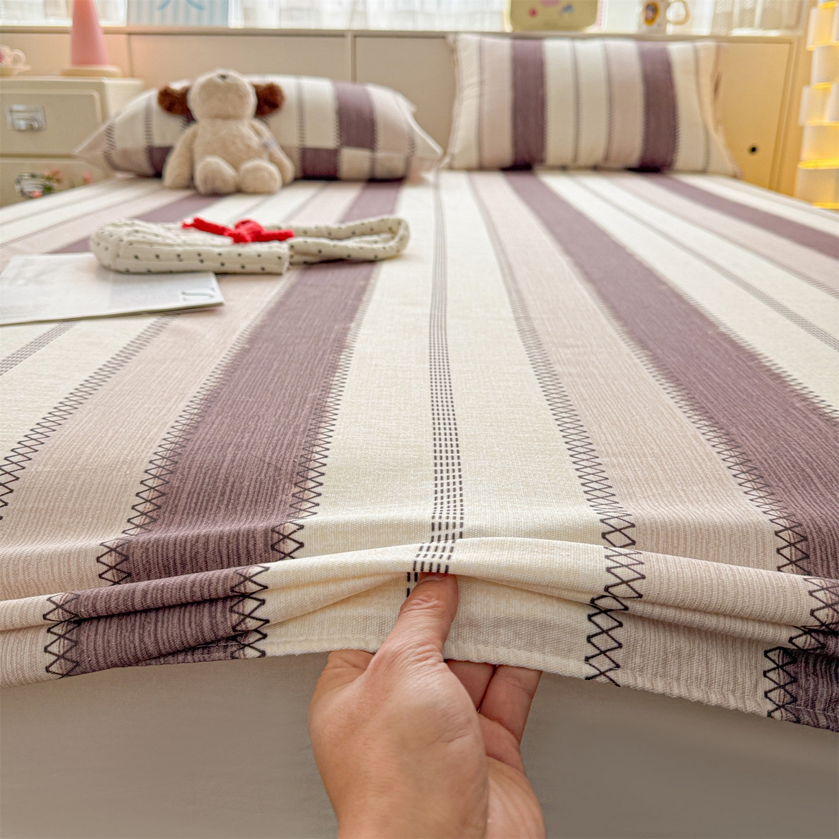 91家纺网 家纺一手货源 找家纺 名兮家居 2026春夏新款A类全棉纯棉老粗布床笠 床笠单件 竖条咖