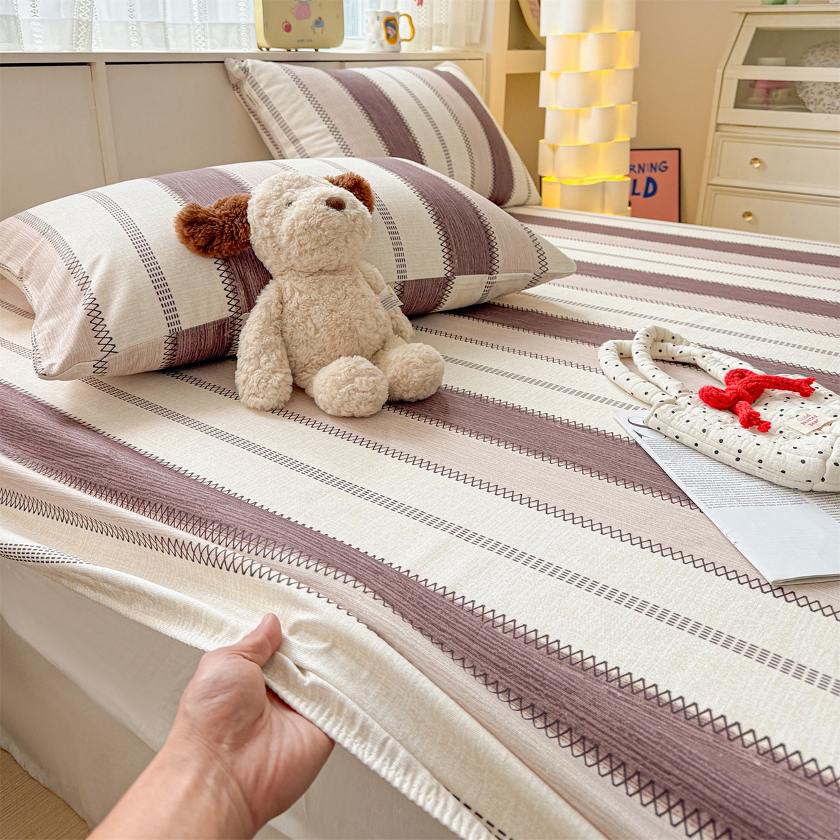 91家纺网 家纺一手货源 找家纺 名兮家居 2026春夏新款A类全棉纯棉老粗布床笠 床笠单件 竖条咖