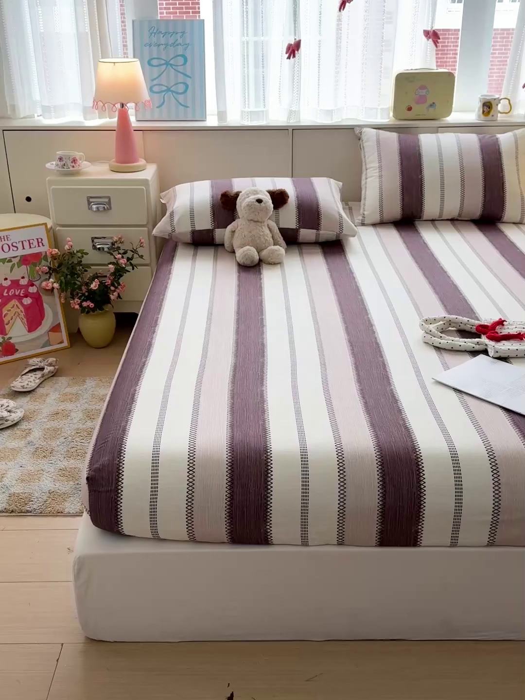 91家纺网 家纺一手货源 找家纺 名兮家居 2026春夏新款A类全棉纯棉老粗布床笠 床笠单件 竖条咖