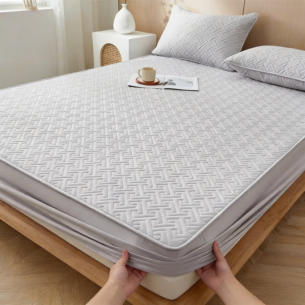 91家纺网 家纺一手货源 找家纺 小米枕芯 2026新款回形格磨毛夹棉床笠单品床笠 灰色