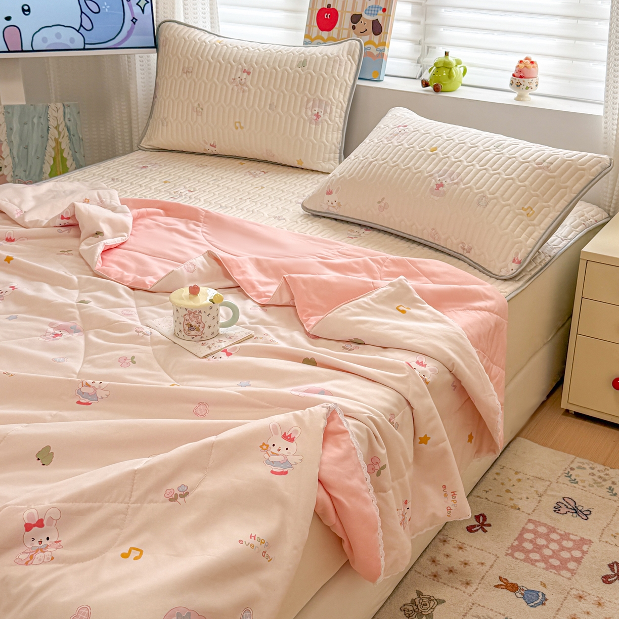 91家纺网 家纺一手货源 找家纺 慕尚家纺 2026新款乳胶凉席夏被空调被夏凉被套装组合 美美乐蒂