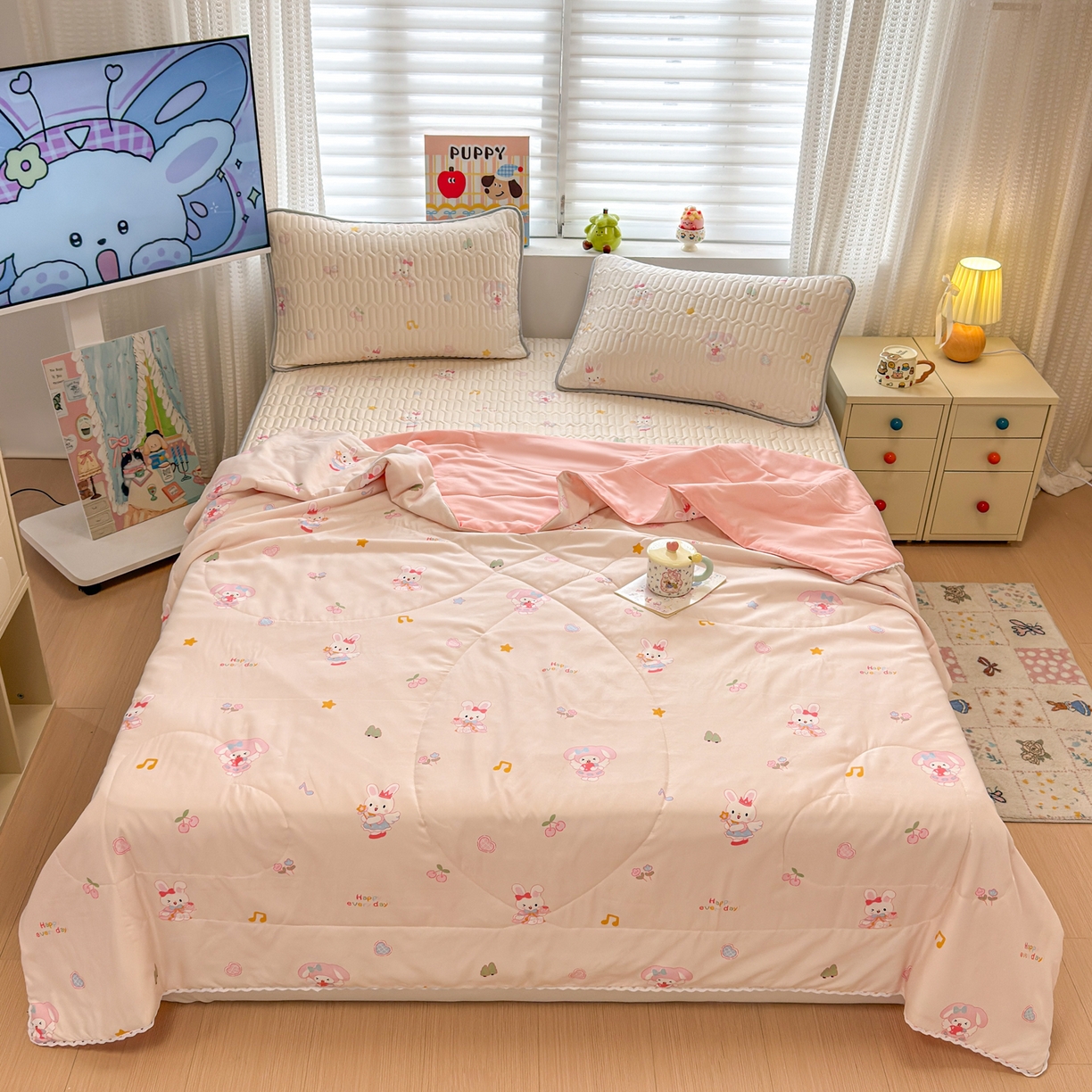 91家纺网 家纺一手货源 找家纺 慕尚家纺 2026新款乳胶凉席夏被空调被夏凉被套装组合 美美乐蒂