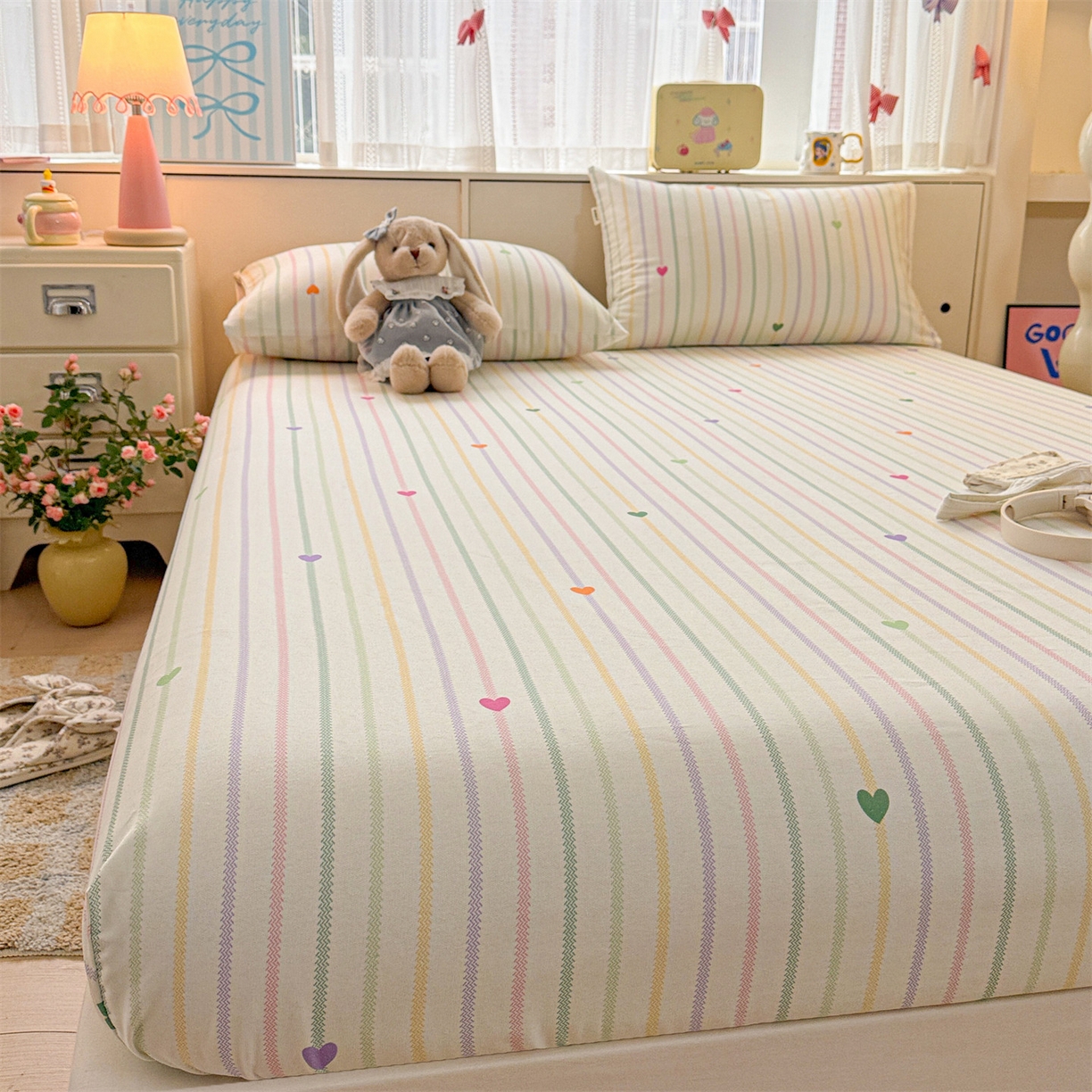 91家纺网 家纺一手货源 找家纺 名兮家居 2026春夏新款A类全棉纯棉老粗布床笠 床笠单件 竖条小爱心