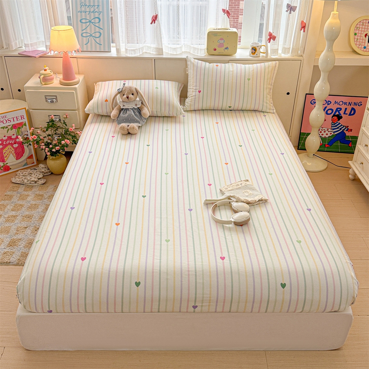 91家纺网 家纺一手货源 找家纺 名兮家居 2026春夏新款A类全棉纯棉老粗布床笠 床笠单件 竖条小爱心