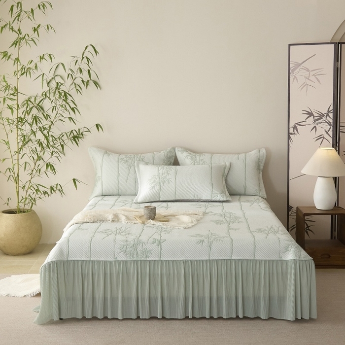 91家纺网 家纺一手货源 找家纺 （总）金绣美居 2026春夏新款PE高分子复合凉感席双面提床裙款凉席三件套-竹影