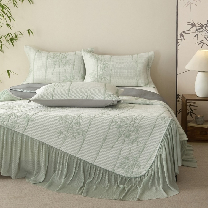 91家纺网 家纺一手货源 找家纺 （总）金绣美居 2026春夏新款PE高分子复合凉感席双面提床裙款凉席三件套-竹影