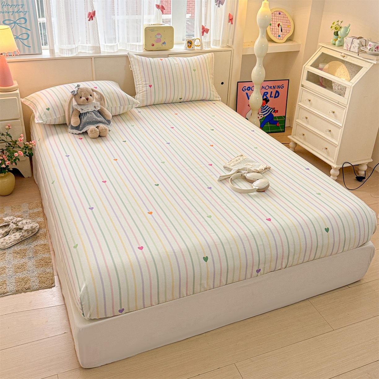 91家纺网 家纺一手货源 找家纺 名兮家居 2026春夏新款A类全棉纯棉老粗布床笠 床笠单件 竖条小爱心