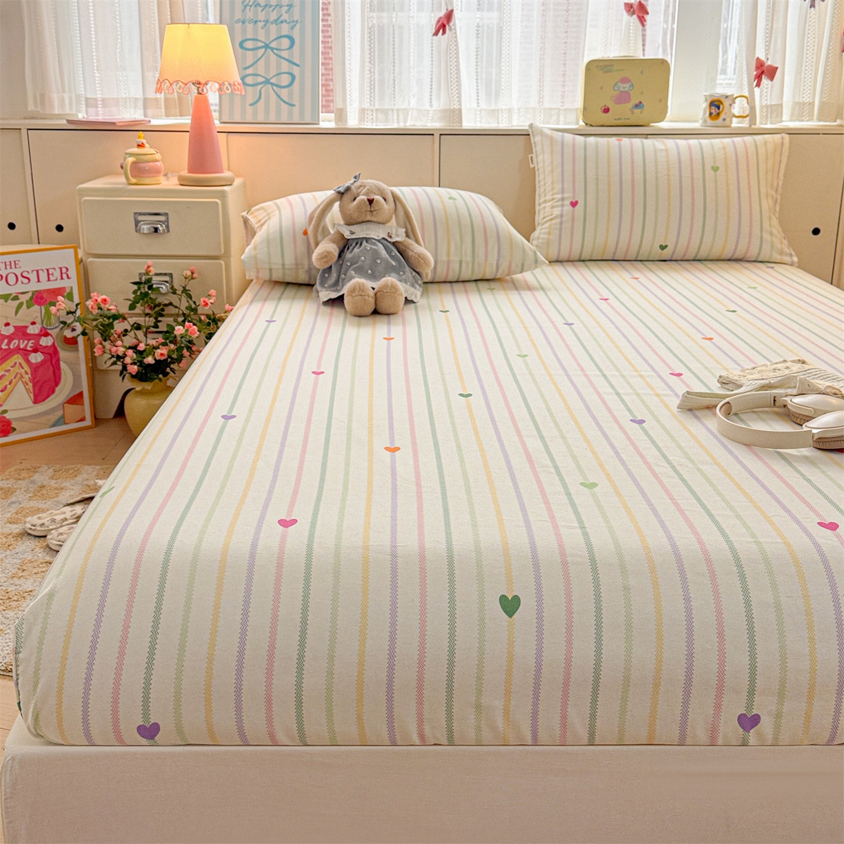 91家纺网 家纺一手货源 找家纺 名兮家居 2026春夏新款A类全棉纯棉老粗布床笠 床笠单件 竖条小爱心