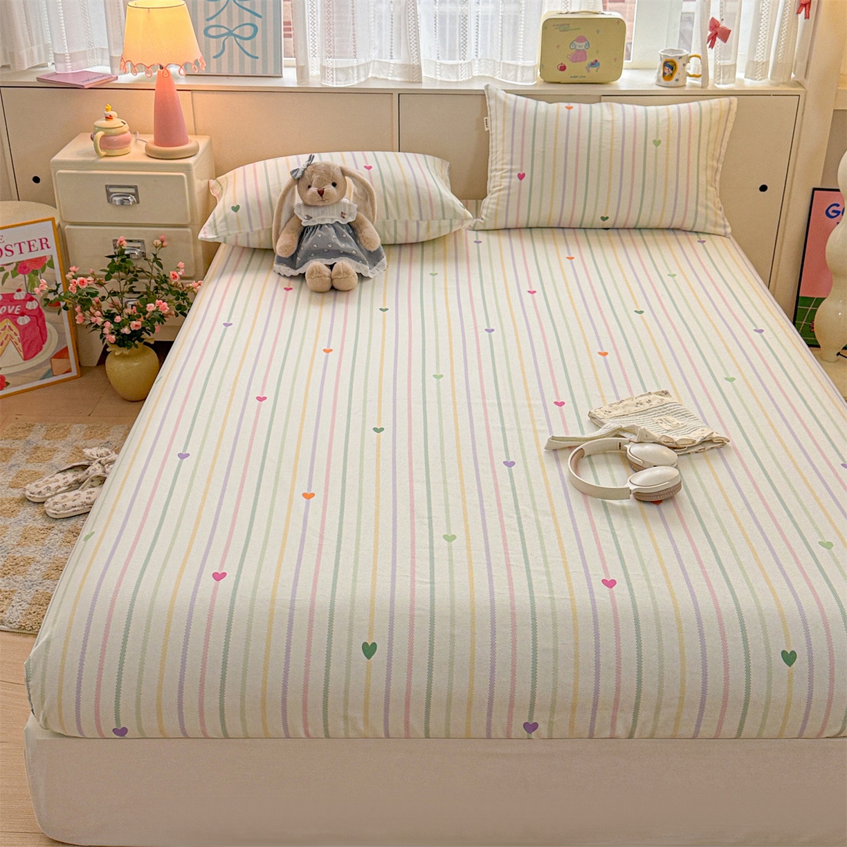 91家纺网 家纺一手货源 找家纺 名兮家居 2026春夏新款A类全棉纯棉老粗布床笠 床笠单件 竖条小爱心