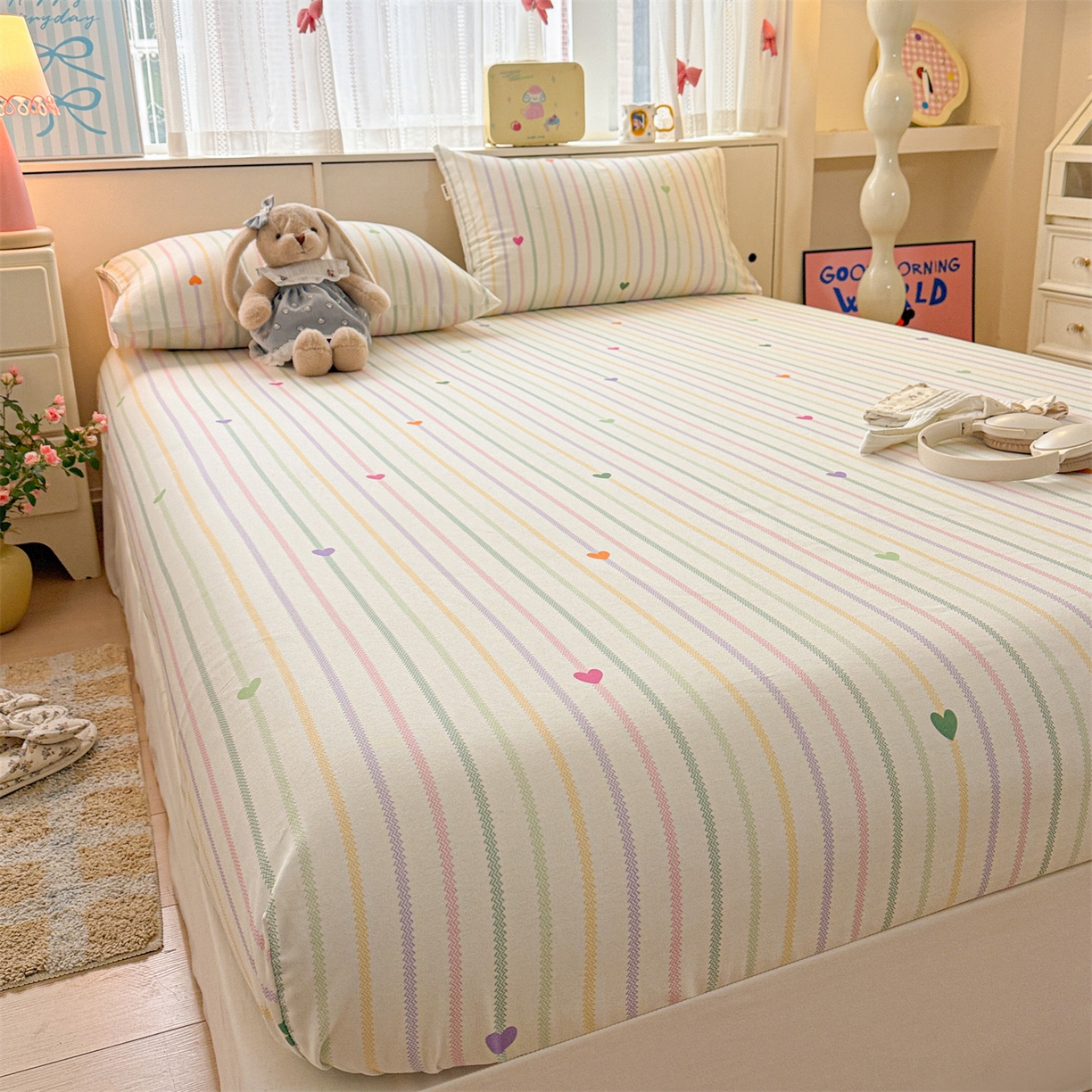 91家纺网 家纺一手货源 找家纺 名兮家居 2026春夏新款A类全棉纯棉老粗布床笠 床笠单件 竖条小爱心