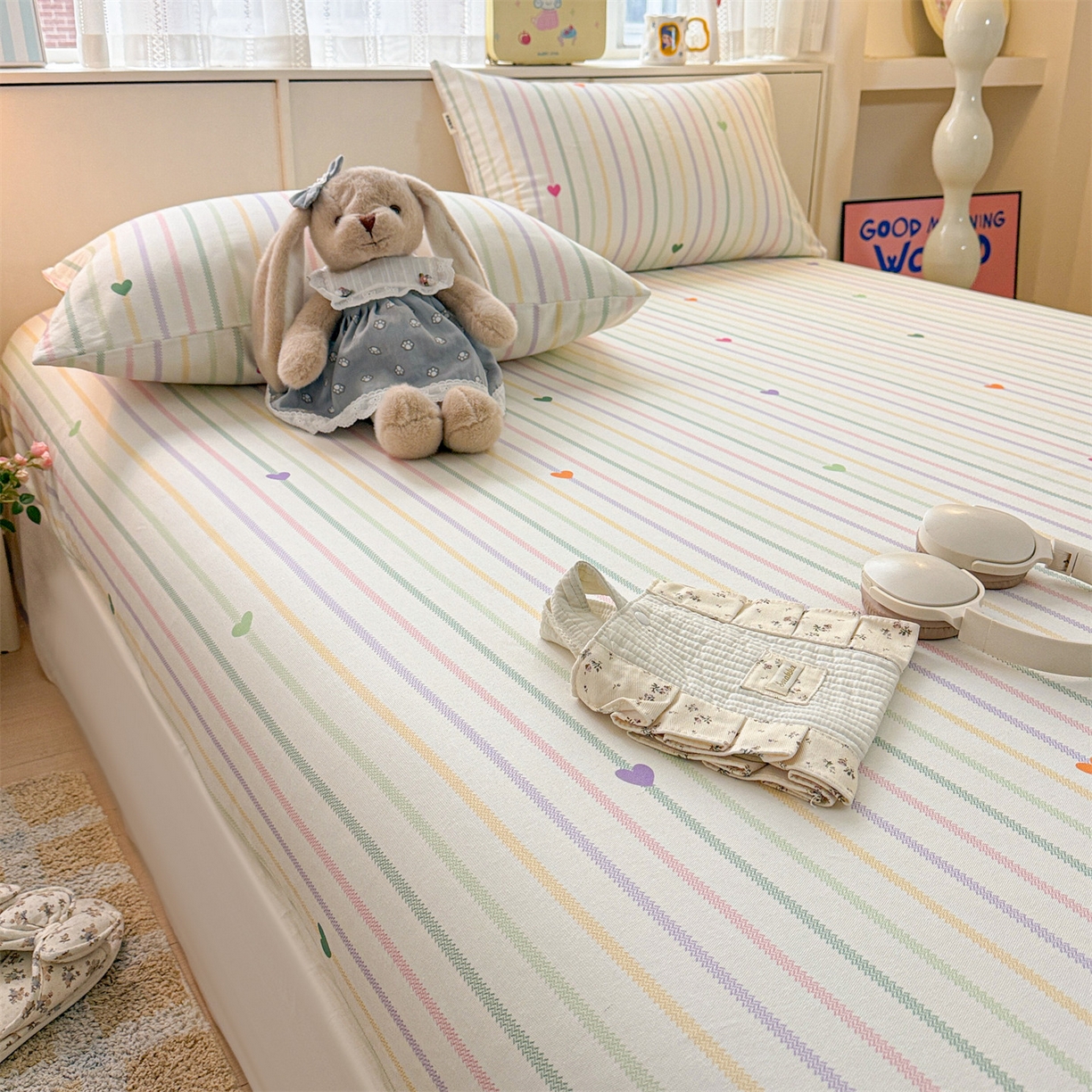 91家纺网 家纺一手货源 找家纺 名兮家居 2026春夏新款A类全棉纯棉老粗布床笠 床笠单件 竖条小爱心