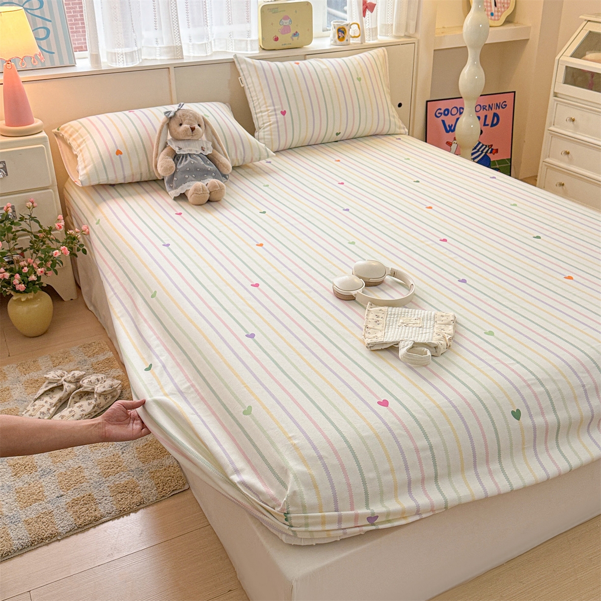 91家纺网 家纺一手货源 找家纺 名兮家居 2026春夏新款A类全棉纯棉老粗布床笠 床笠单件 竖条小爱心