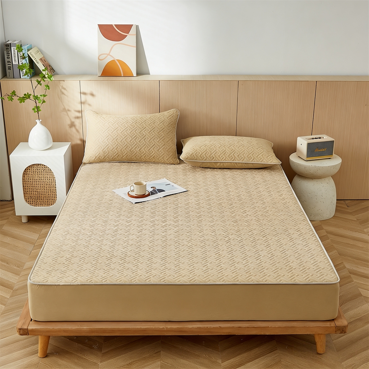 小米枕芯 2026新款回形格磨毛夹棉床笠单品床笠 卡其