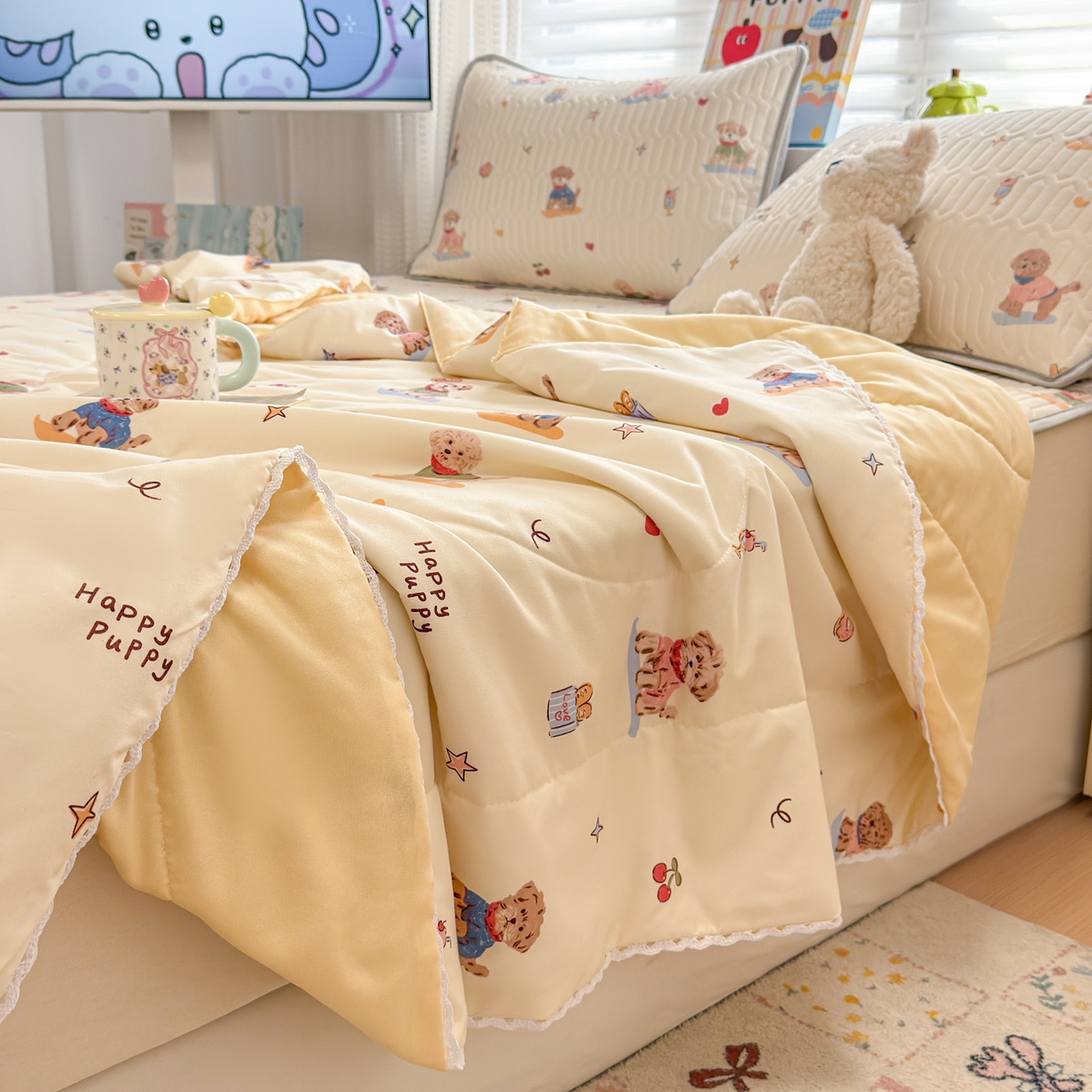 91家纺网 家纺一手货源 找家纺 慕尚家纺 2026新款乳胶凉席夏被空调被夏凉被套装组合 魔法小狗