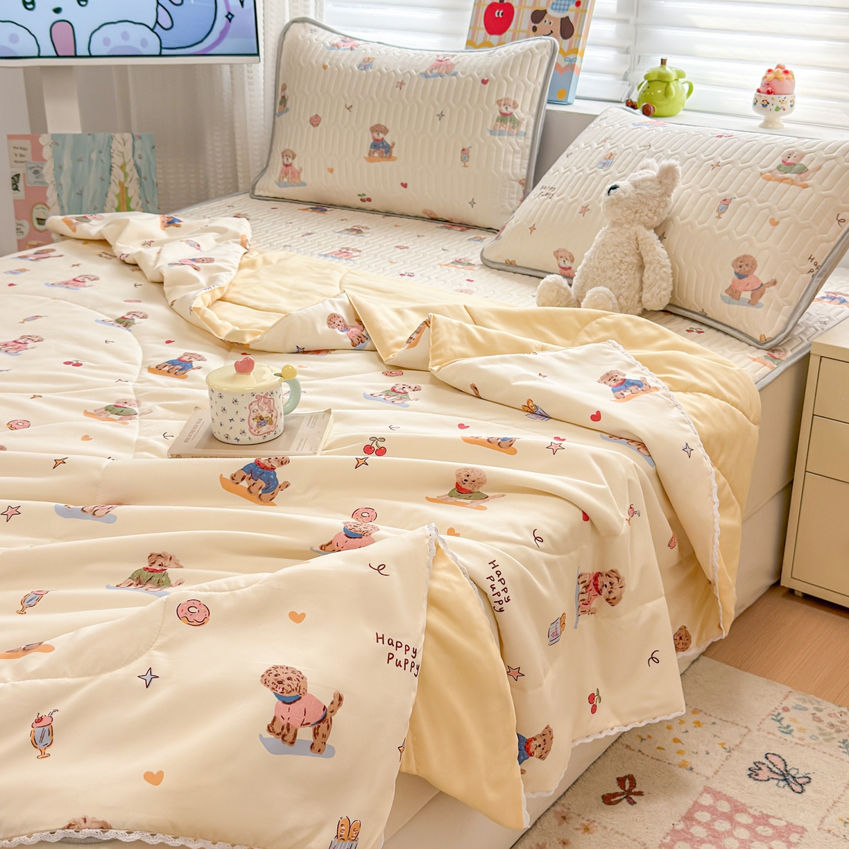 91家纺网 家纺一手货源 找家纺 慕尚家纺 2026新款乳胶凉席夏被空调被夏凉被套装组合 魔法小狗