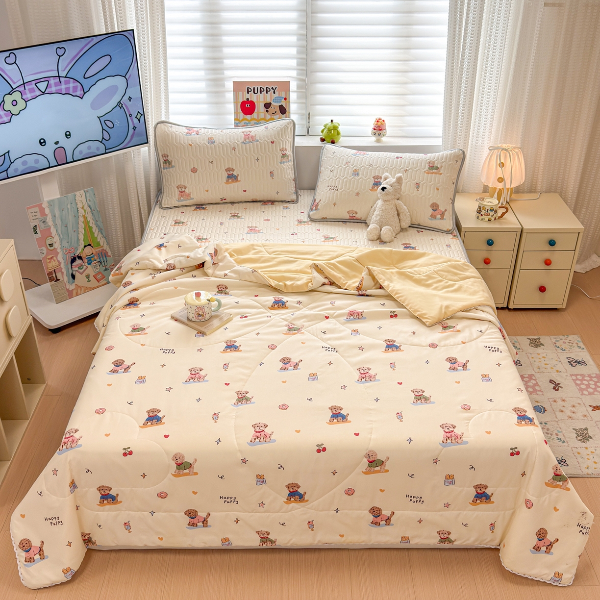 91家纺网 家纺一手货源 找家纺 慕尚家纺 2026新款乳胶凉席夏被空调被夏凉被套装组合 魔法小狗