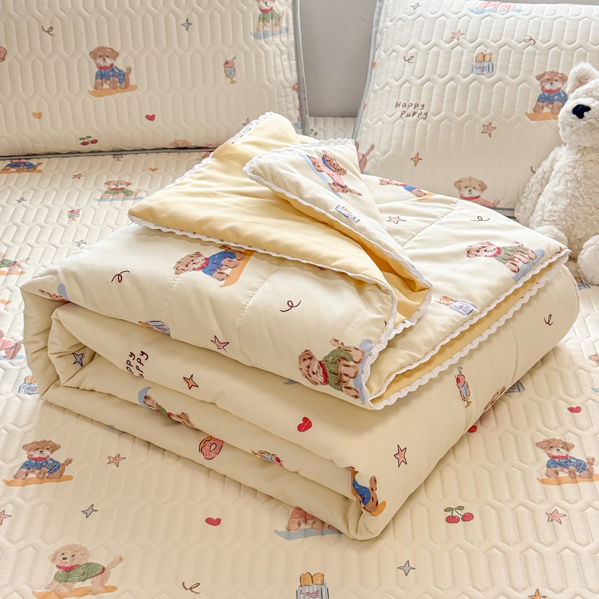 91家纺网 家纺一手货源 找家纺 慕尚家纺 2026新款乳胶凉席夏被空调被夏凉被套装组合 魔法小狗