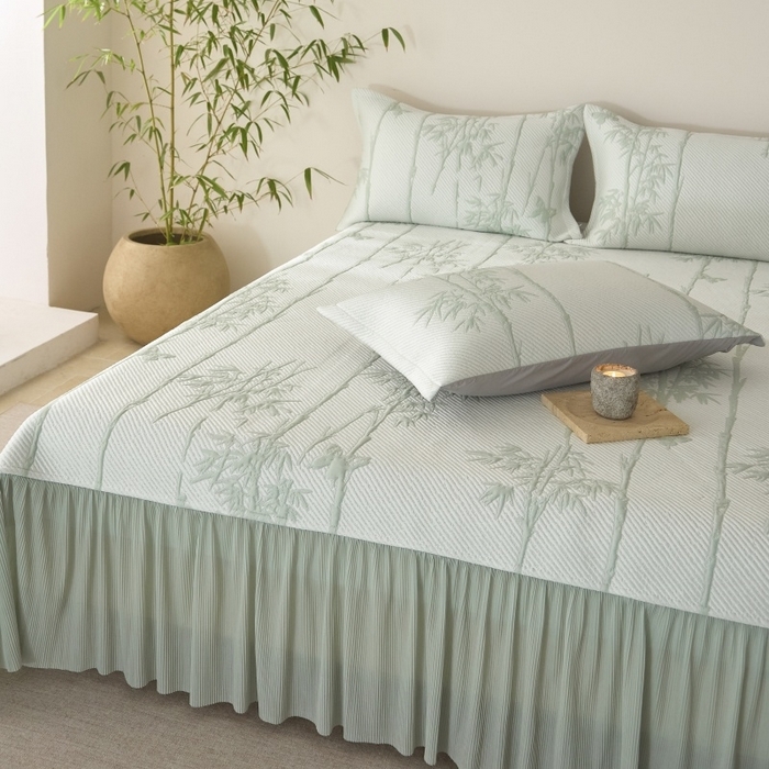 91家纺网 家纺一手货源 找家纺 （总）金绣美居 2026春夏新款PE高分子复合凉感席双面提床裙款凉席三件套-竹影