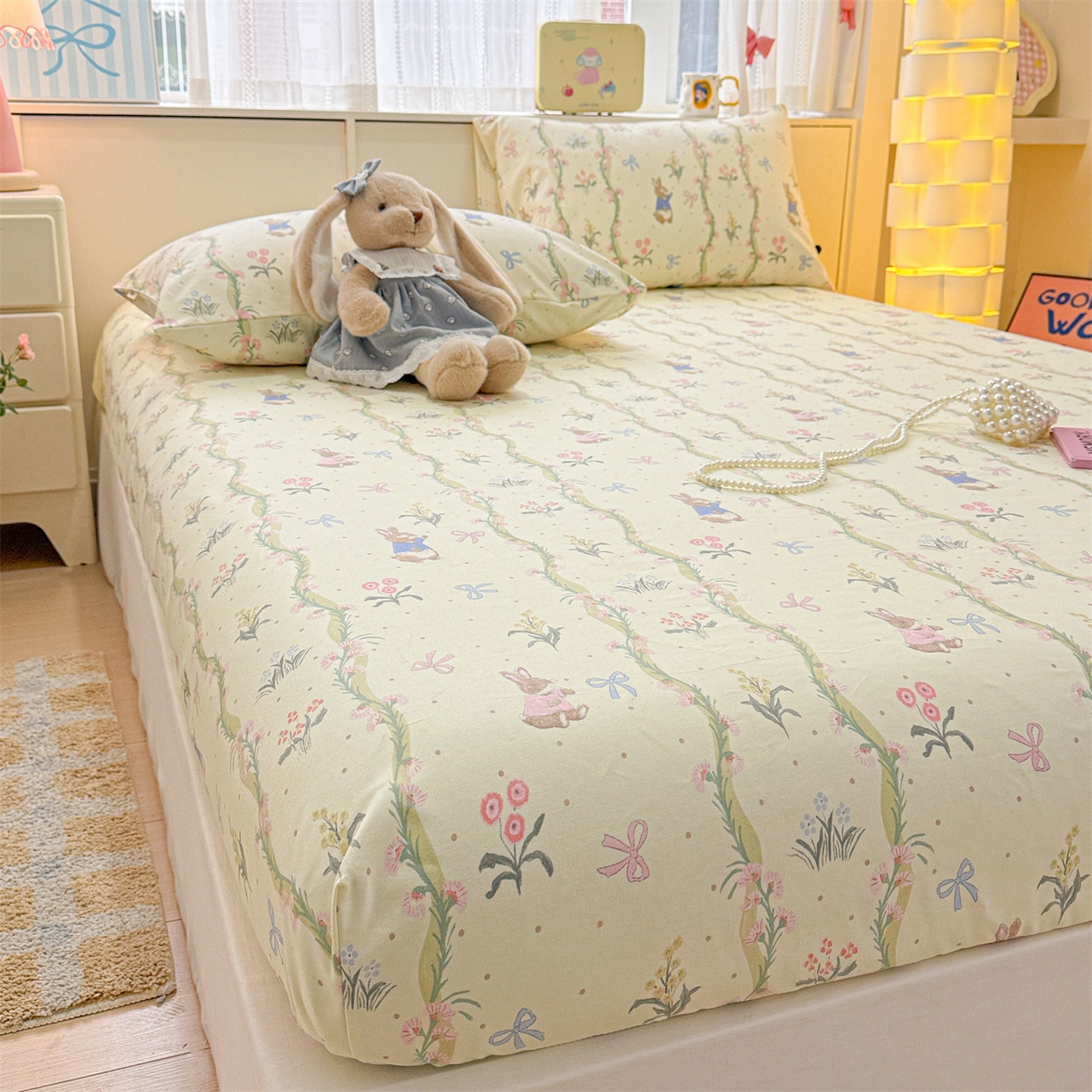 91家纺网 家纺一手货源 找家纺 名兮家居 2026春夏新款A类全棉纯棉老粗布床笠 床笠单件 藤蔓兔